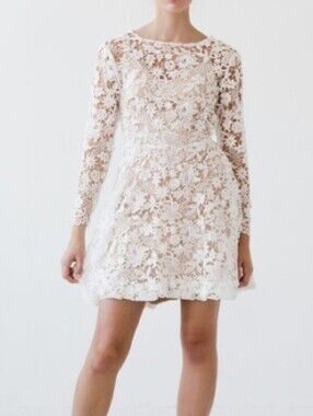 Sarah Seven White Floral Guipure Lace Long-Sleeve Mini Dress